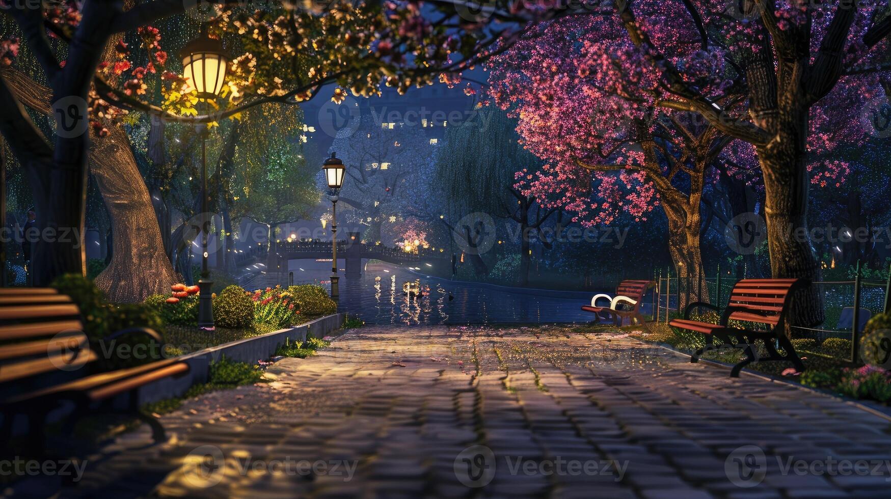 A park at night with benches and trees photo