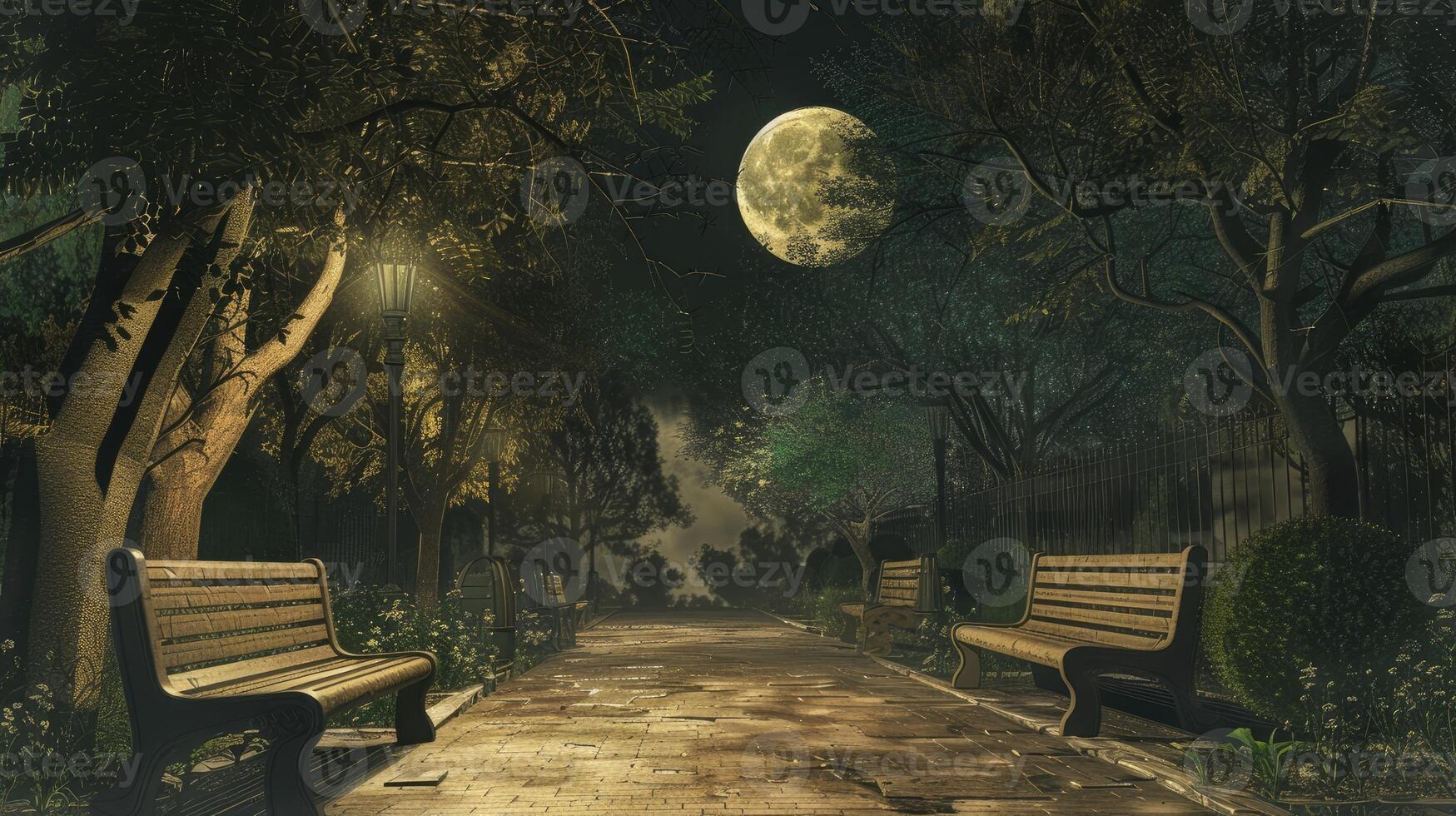 A bench is sitting in a park with a full moon photo