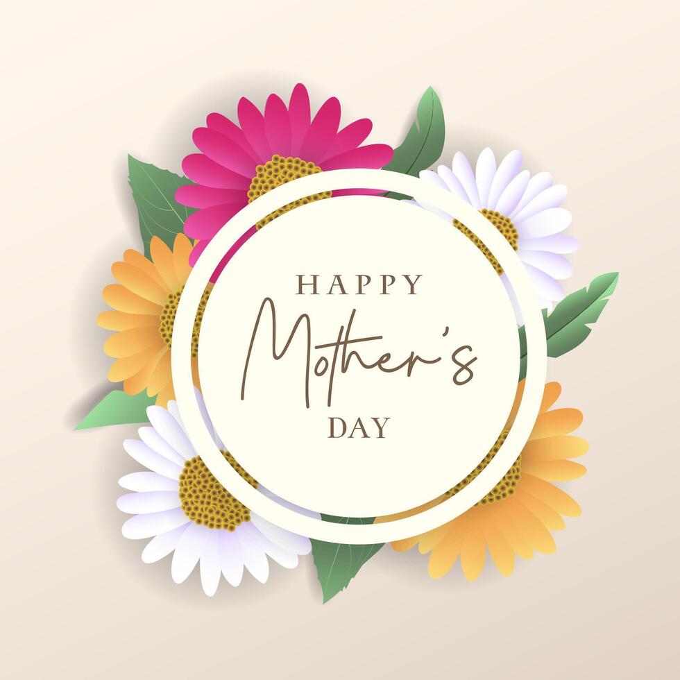 Mothers day greeting card with round frame and flowers vector