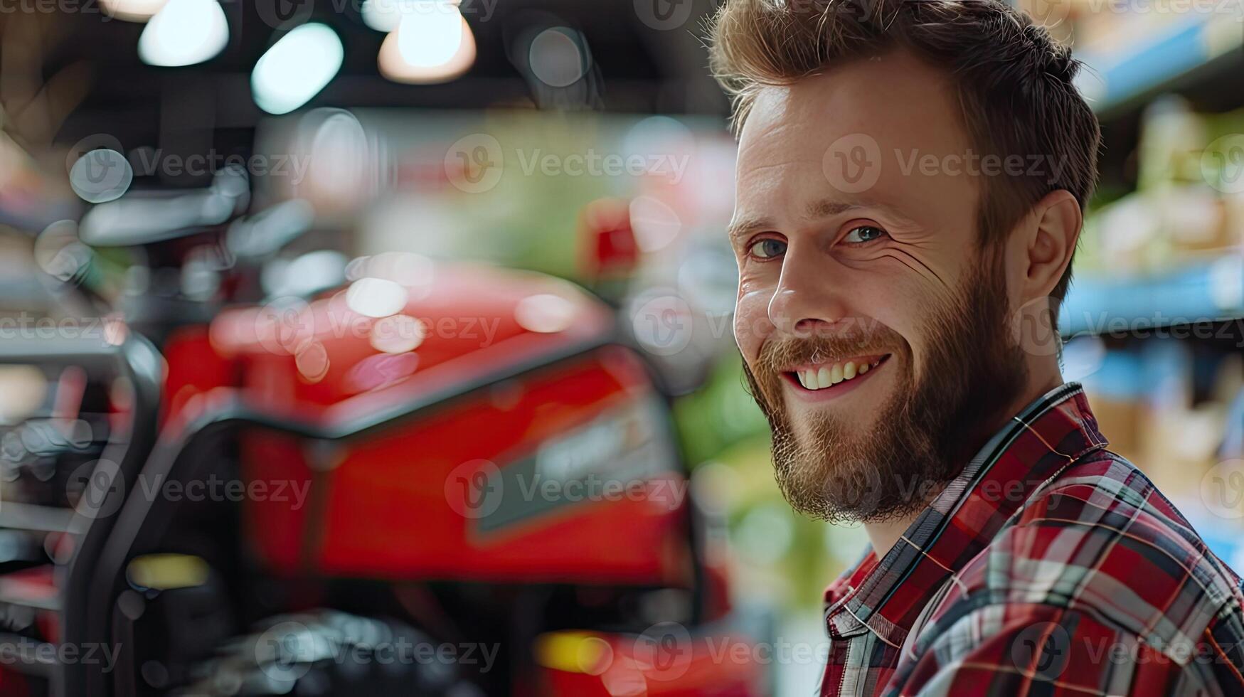 A man smiles while standing in front of a red tractor photo