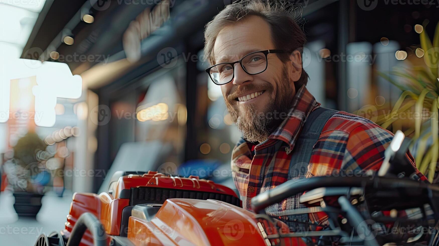 A man with glasses and a beard is smiling while holding a red and white lawn mower photo