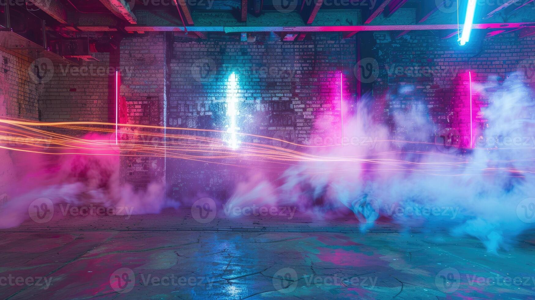 A neon light is shining on a wall with smoke photo