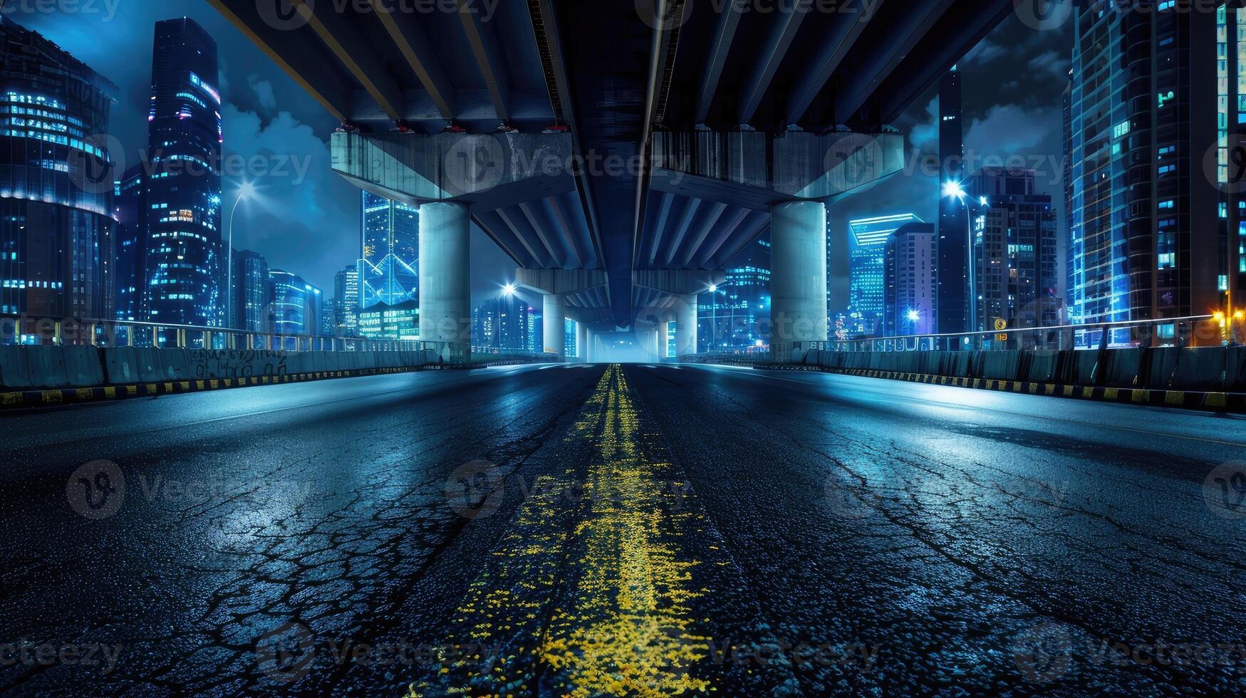 An empty road under a bridge at night photo