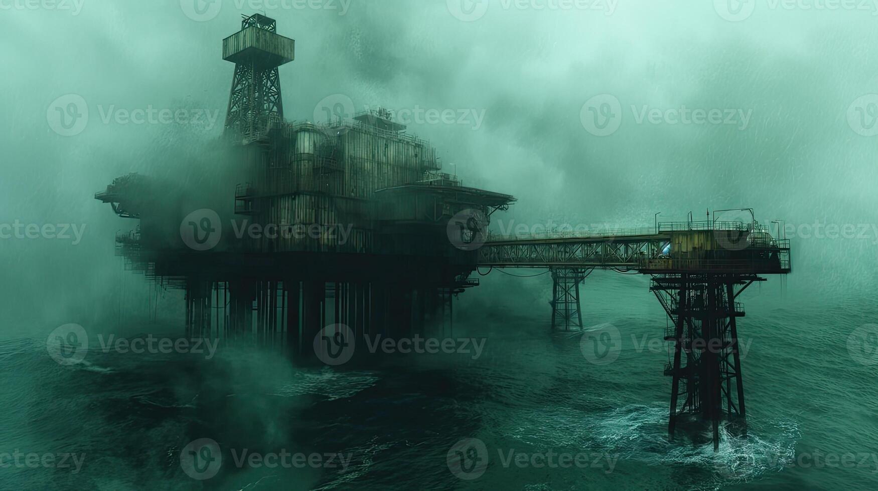 An oil rig in the ocean with fog photo