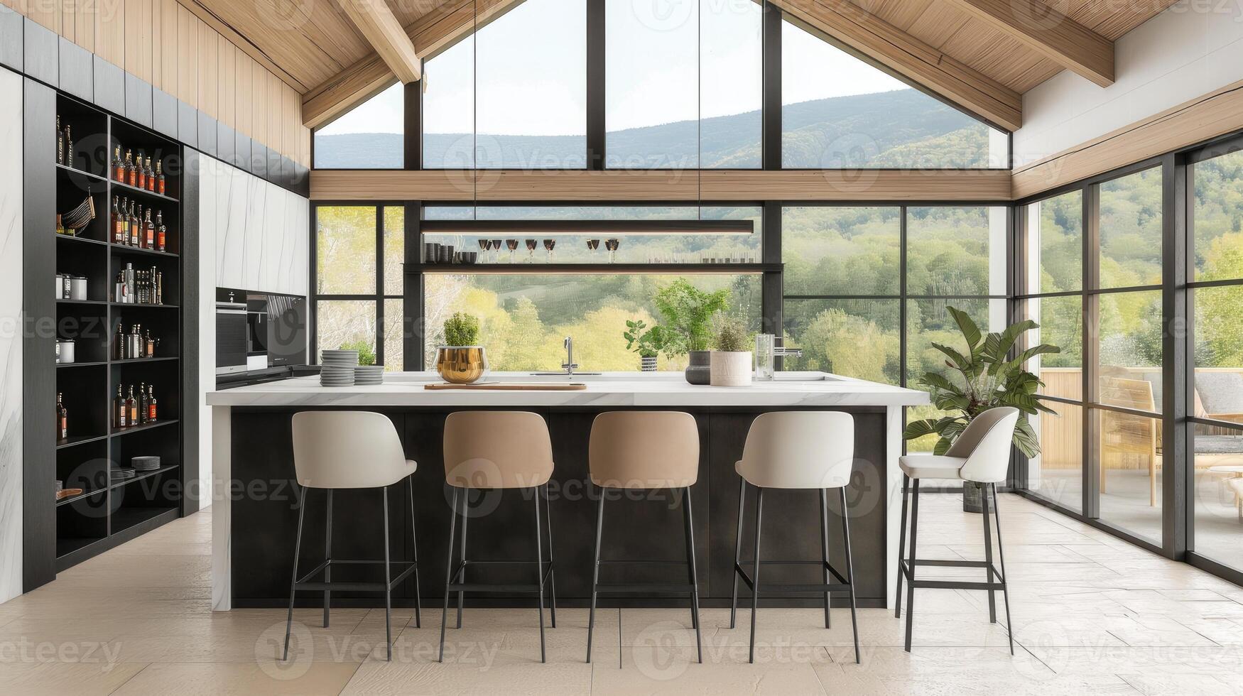 A kitchen with a large island and bar stools photo