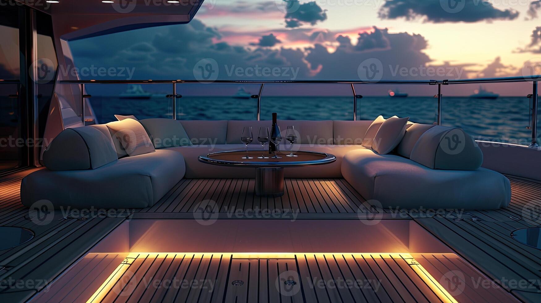 A large deck with couches and a table photo