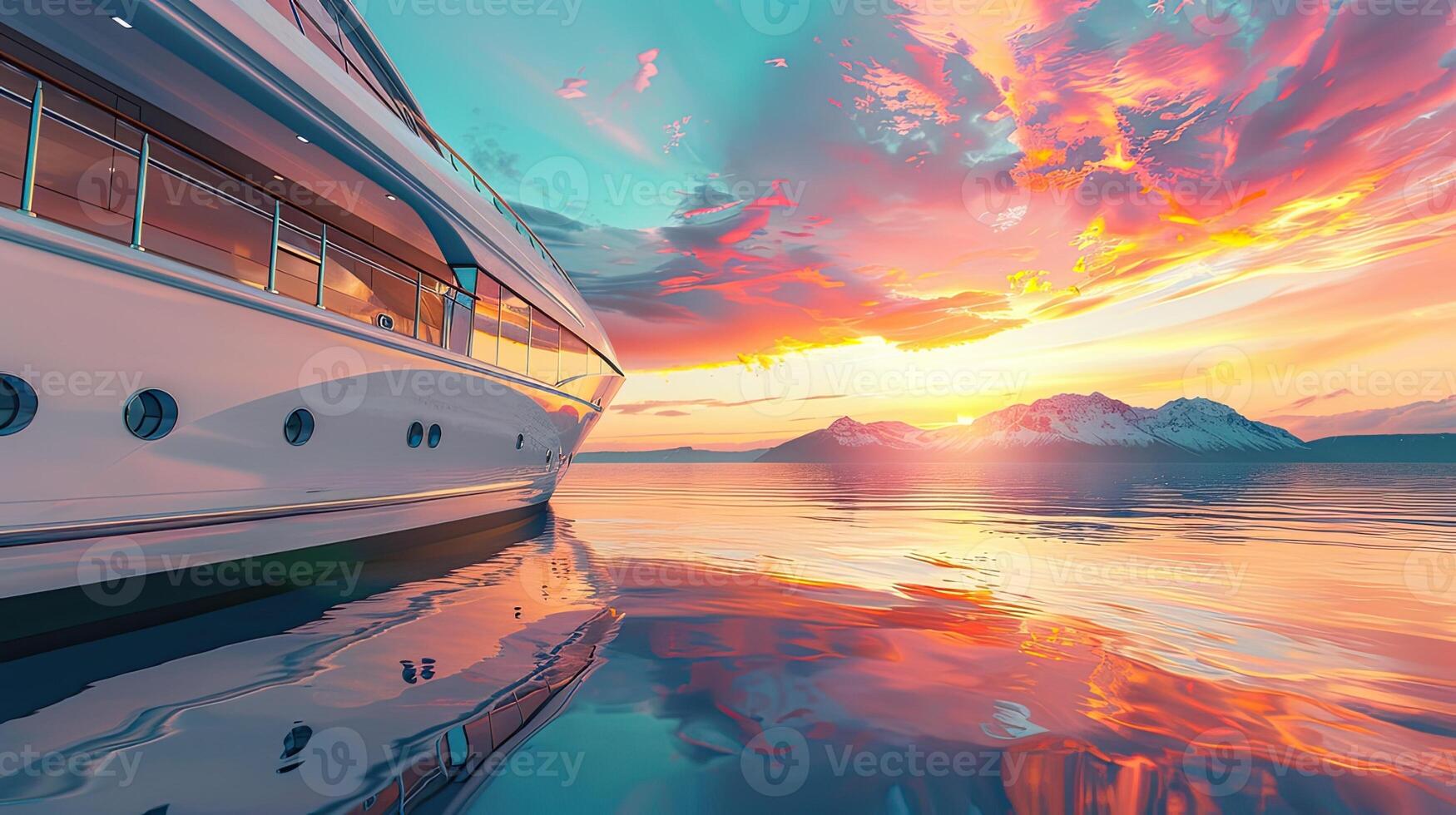 A boat is docked at sunset on a lake photo