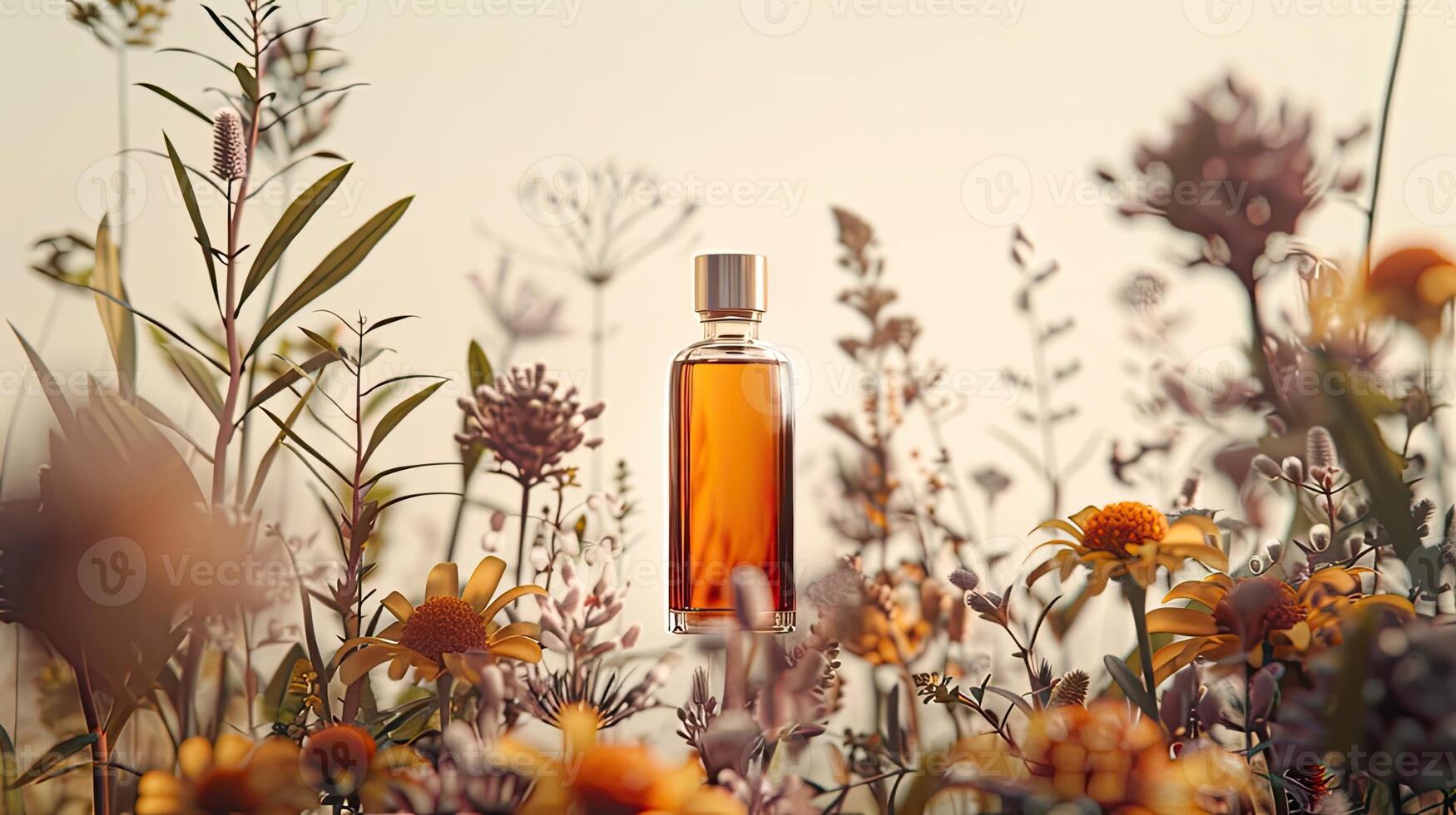 A bottle of perfume in a field of wildflowers photo