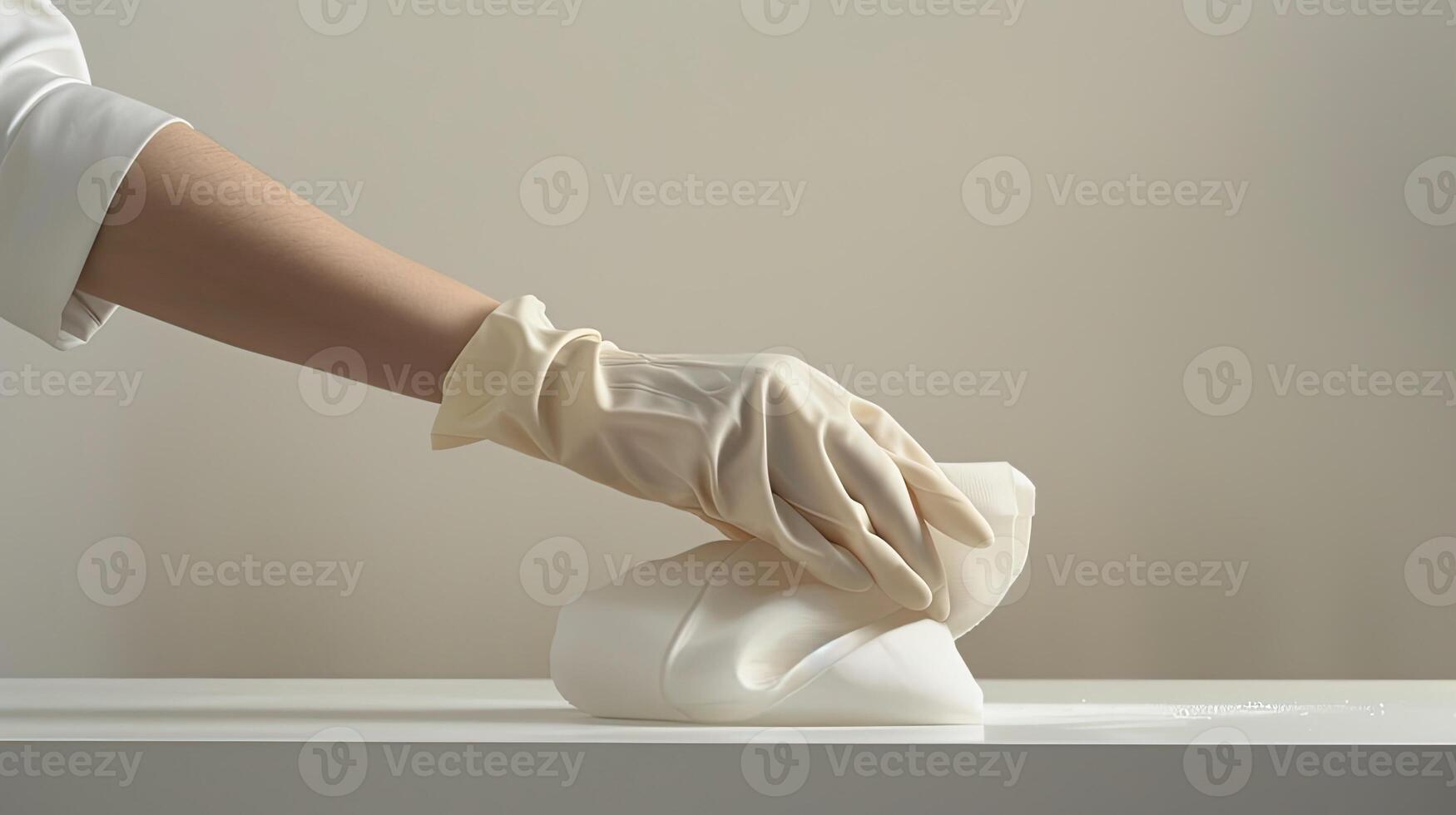 A person wearing gloves is holding a white object photo