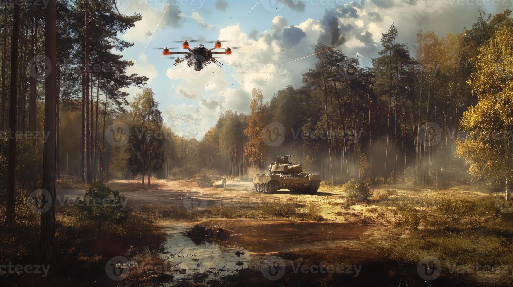 A military drone flying over a forest photo