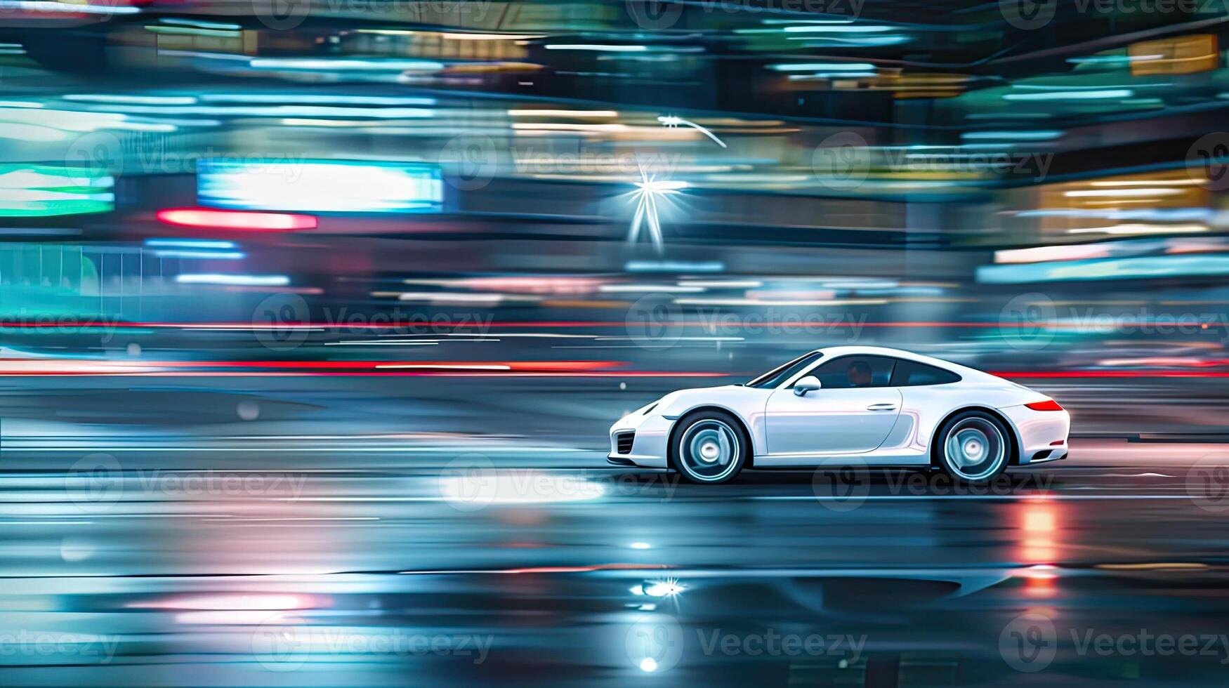 A white sports car driving on a city street at night photo