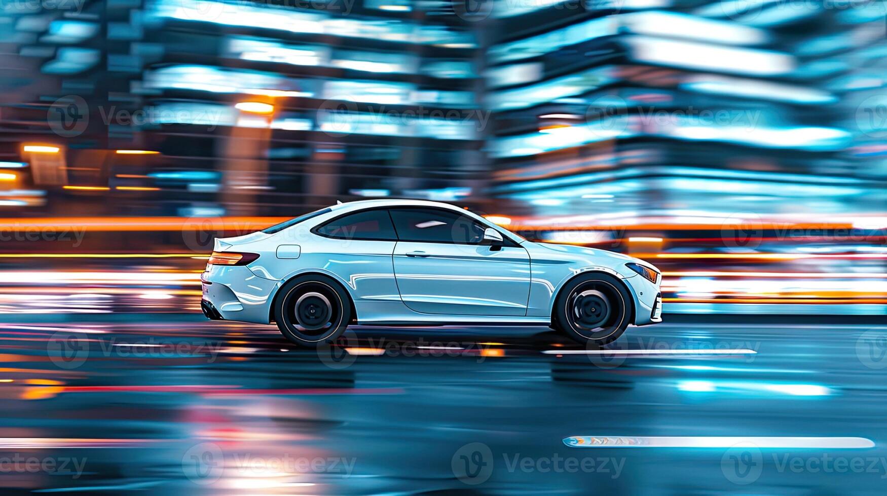 A blue mercedes car driving on a city street at night photo