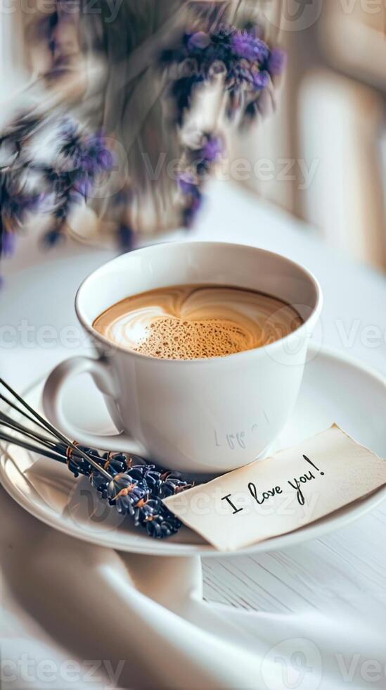 Coffee cup with lavender flowers and i love you note photo