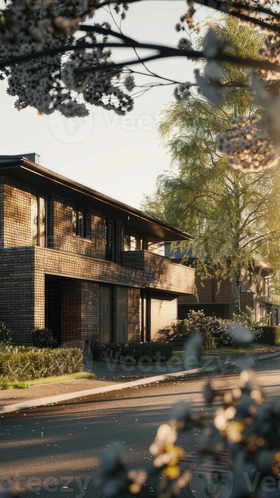 A rendering of a modern house with trees in the background photo