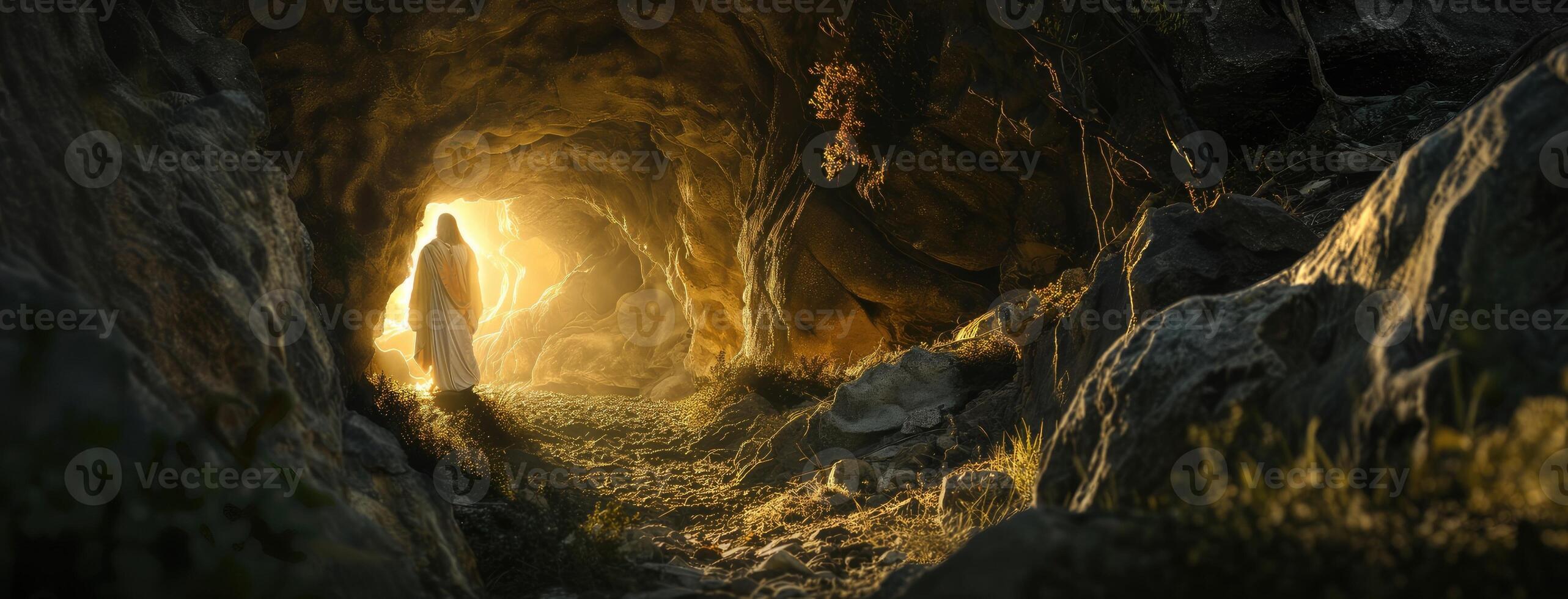 Jesus walking through a cave with light coming from the end photo