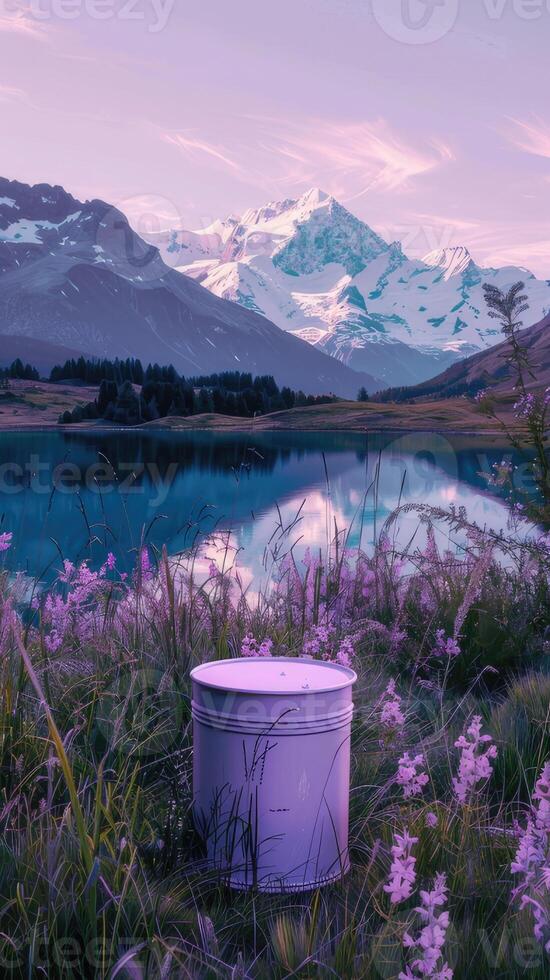 A white bucket sitting in front of a lake with flowers photo