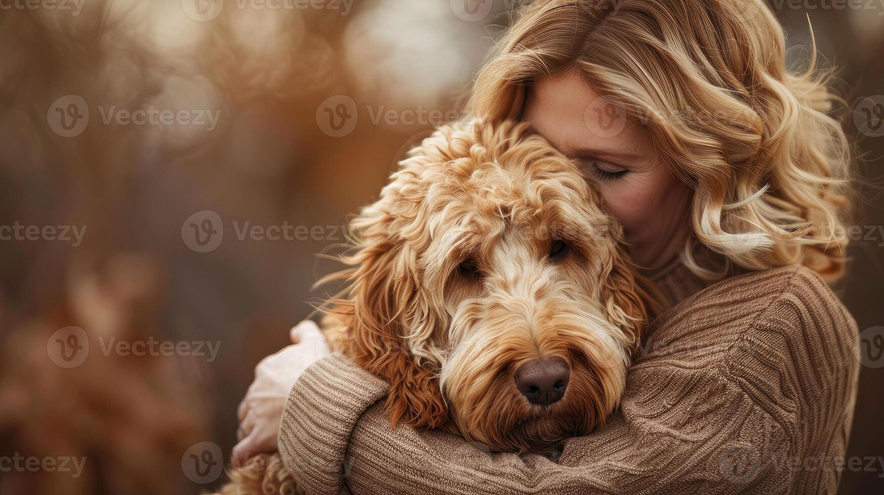 A woman hugging her dog in a park photo