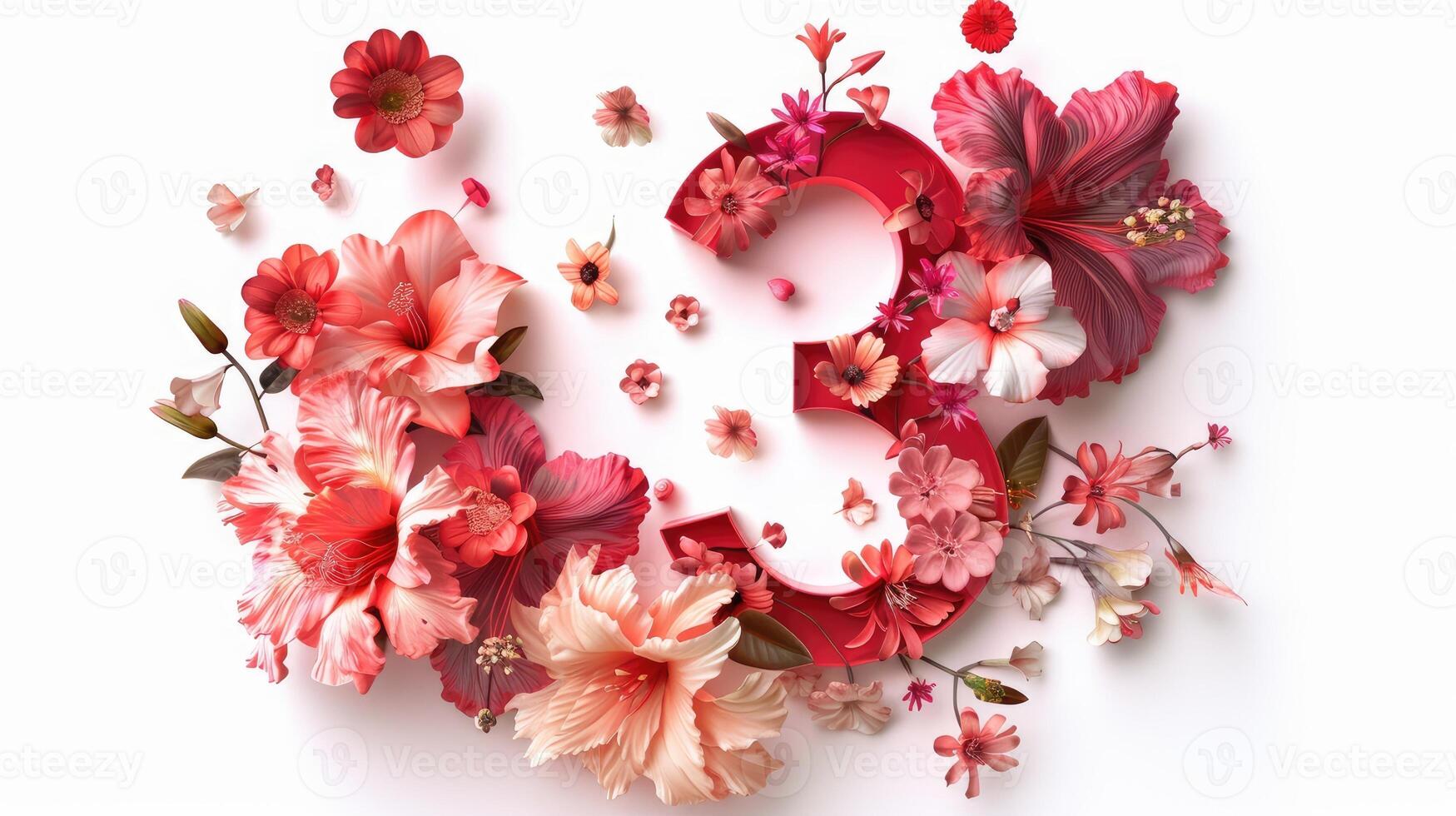 3d floral 3d number 3 isolated on white background photo