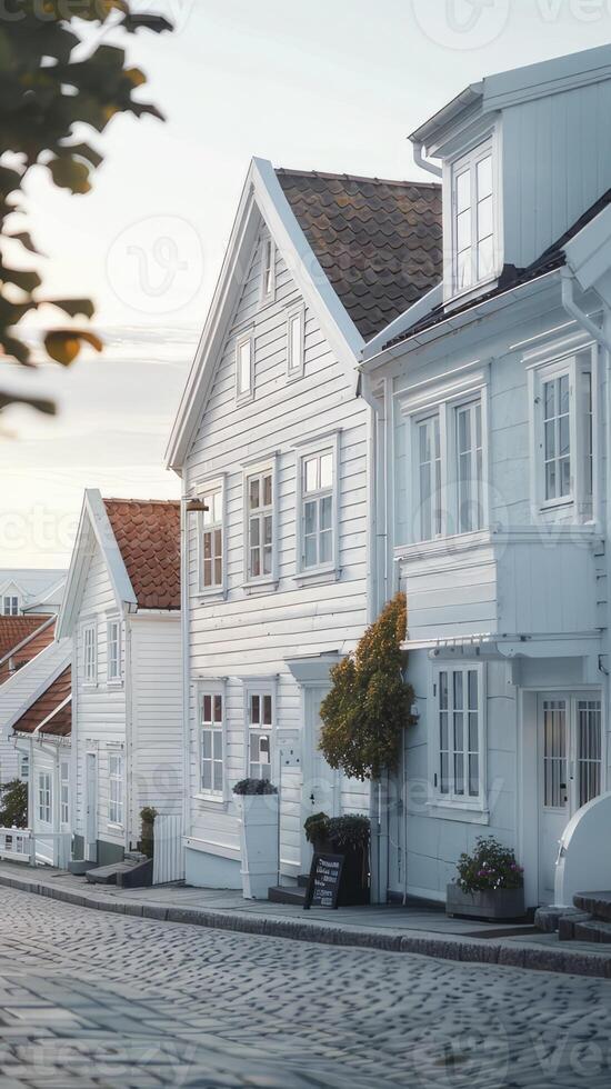 A row of white wooden houses on a cobblestone street photo
