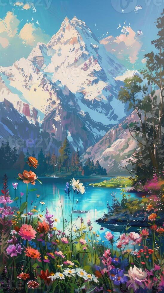 A painting of a mountain with flowers and a lake photo