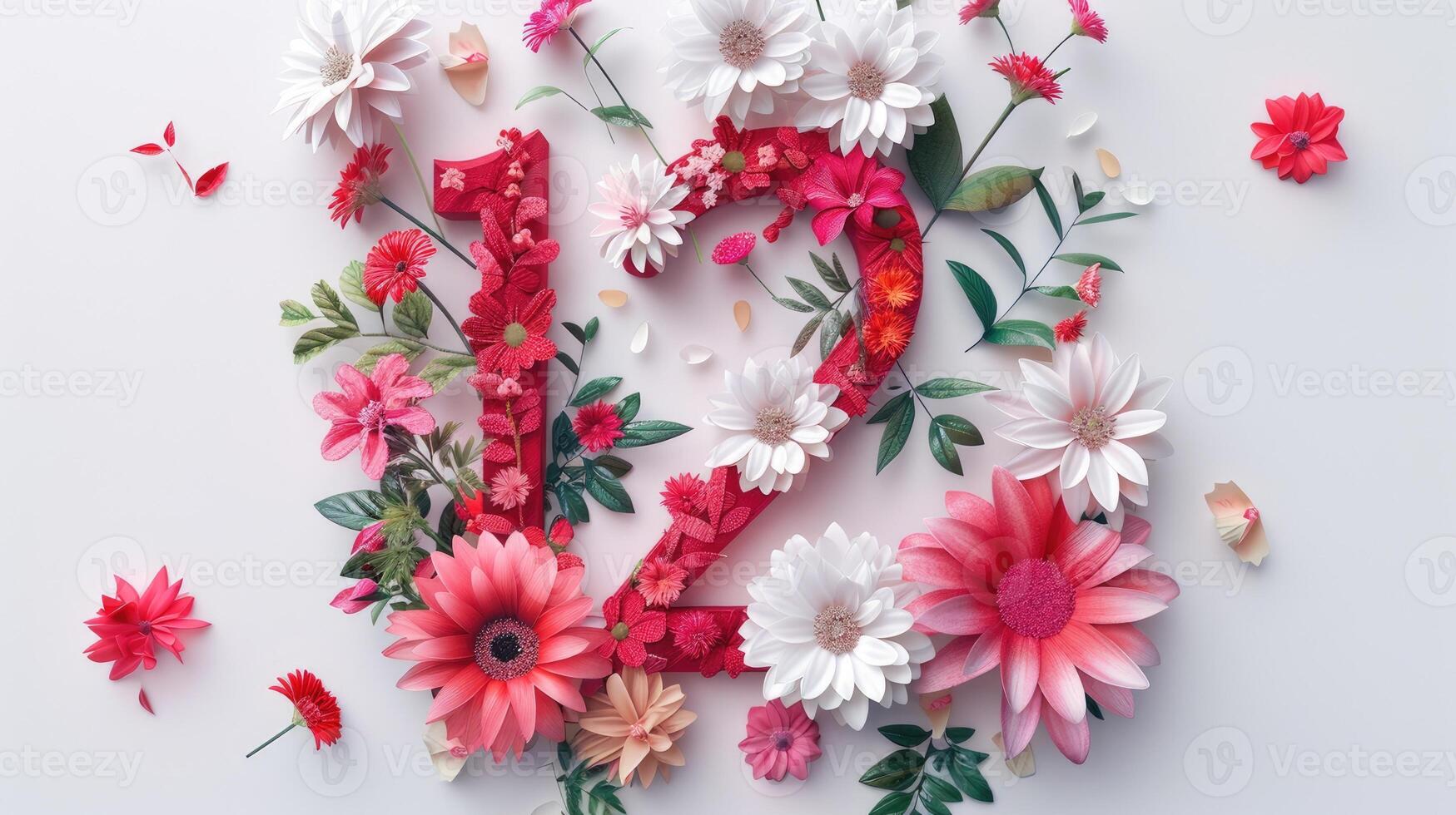 Flower number twelve made of paper flowers on white background photo
