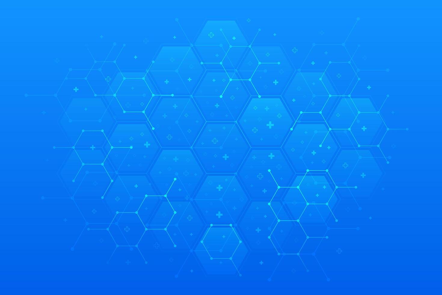 Medical background. Molecular structure with cross shape symbols. DNA, atom, cell visualization. Abstract geometric background with hexagon shapes for medicine, science, chemistry. illustration vector