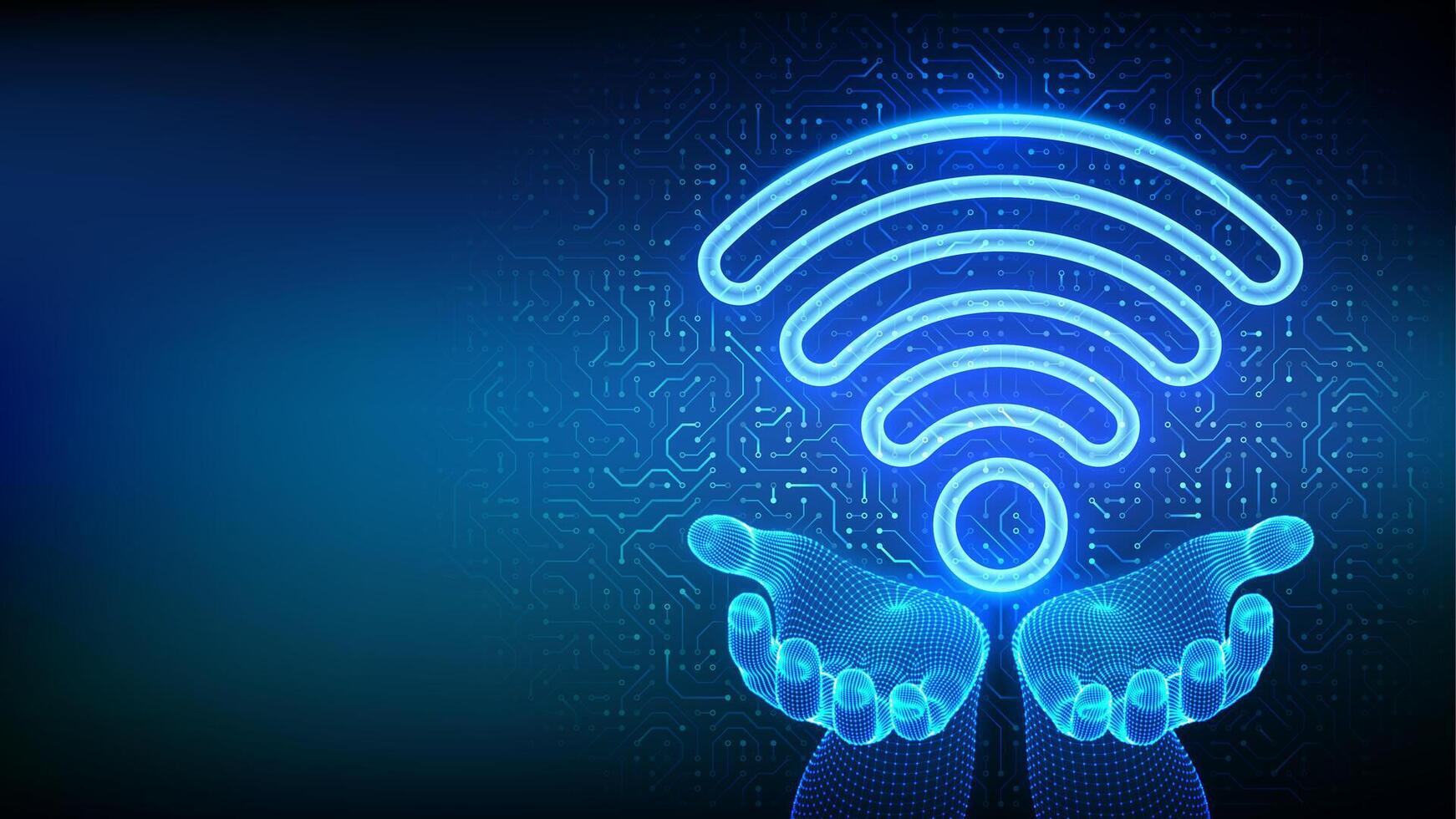 Wi-Fi network. Wi Fi icon in hands. Wlan access, wireless hotspot signal symbol. Mobile connection zone. Router transmission. Circuit board pattern. PCB printed circuit texture. illustration. vector