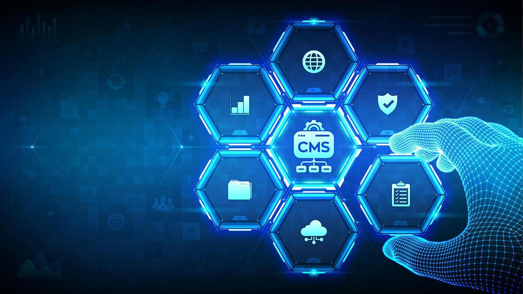 CMS. Content Management System concept. Website and document management, web development, digital solutions. Wireframe hand places an element into a composition visualizing SMS. illustration. vector