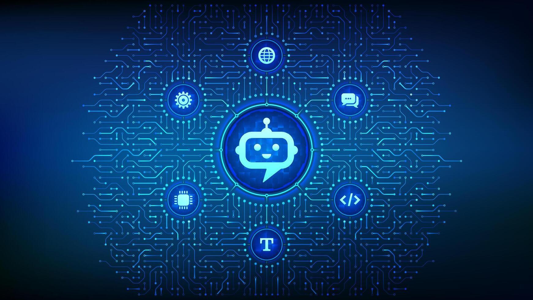 Chatbot. Chatbot assistant application. Smart assistant. AI. Artificial intelligence technology concept. Neural network. Background with circuit board connections and tech icons. Illustration. vector