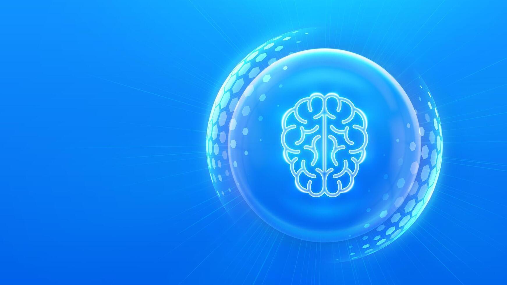 Brain care and protection. Psychology and Neurology. Physician teaching about alzheimer, dementia disease. Human brain icon inside protection sphere shield with hexagon pattern. illustration. vector