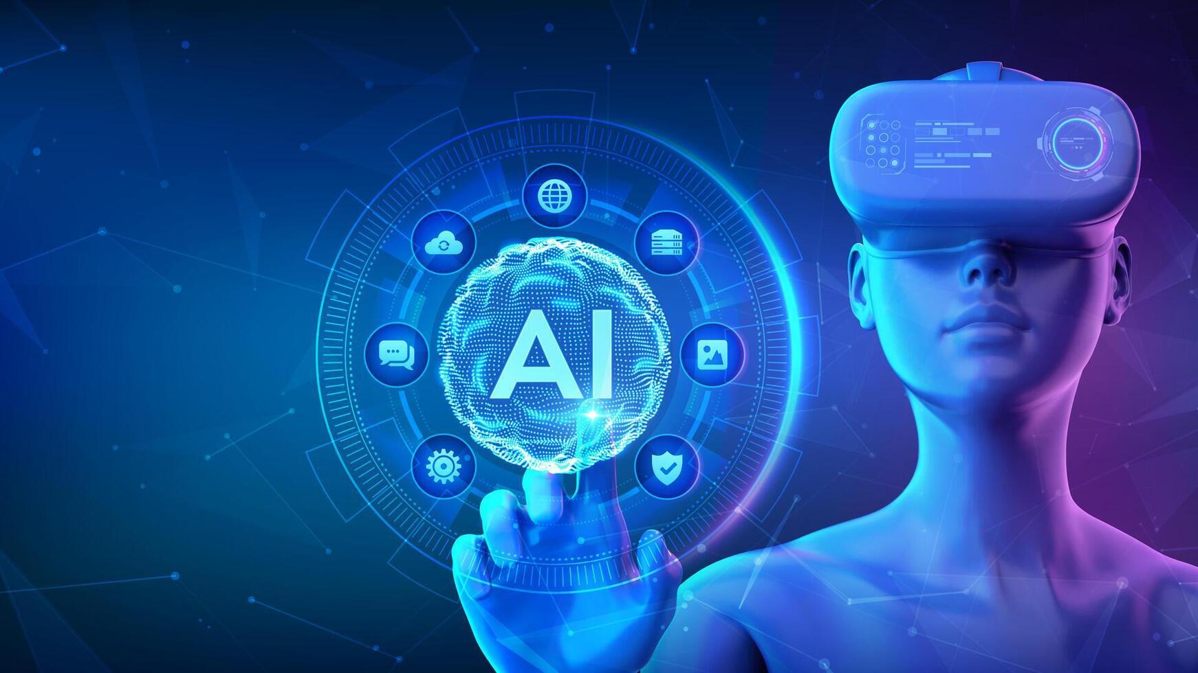 AI. Artificial Intelligence. Girl wearing VR headset glasses touching digital interface with AI Sphere grid wave. Machine Learning. Big data innovation technology. Neural networks. illustration vector