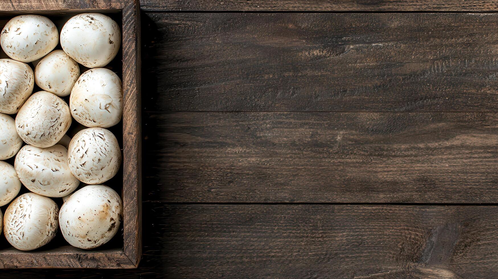 Fresh White Button Mushrooms in Rustic Wooden Crate on Dark Wood Background photo