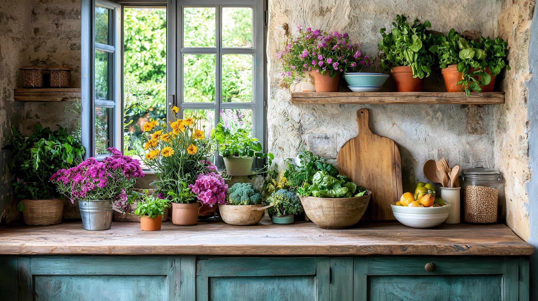 Rustic Kitchen Windowsill with Herbs Flowers and Vegetables in Pots and Bowls photo