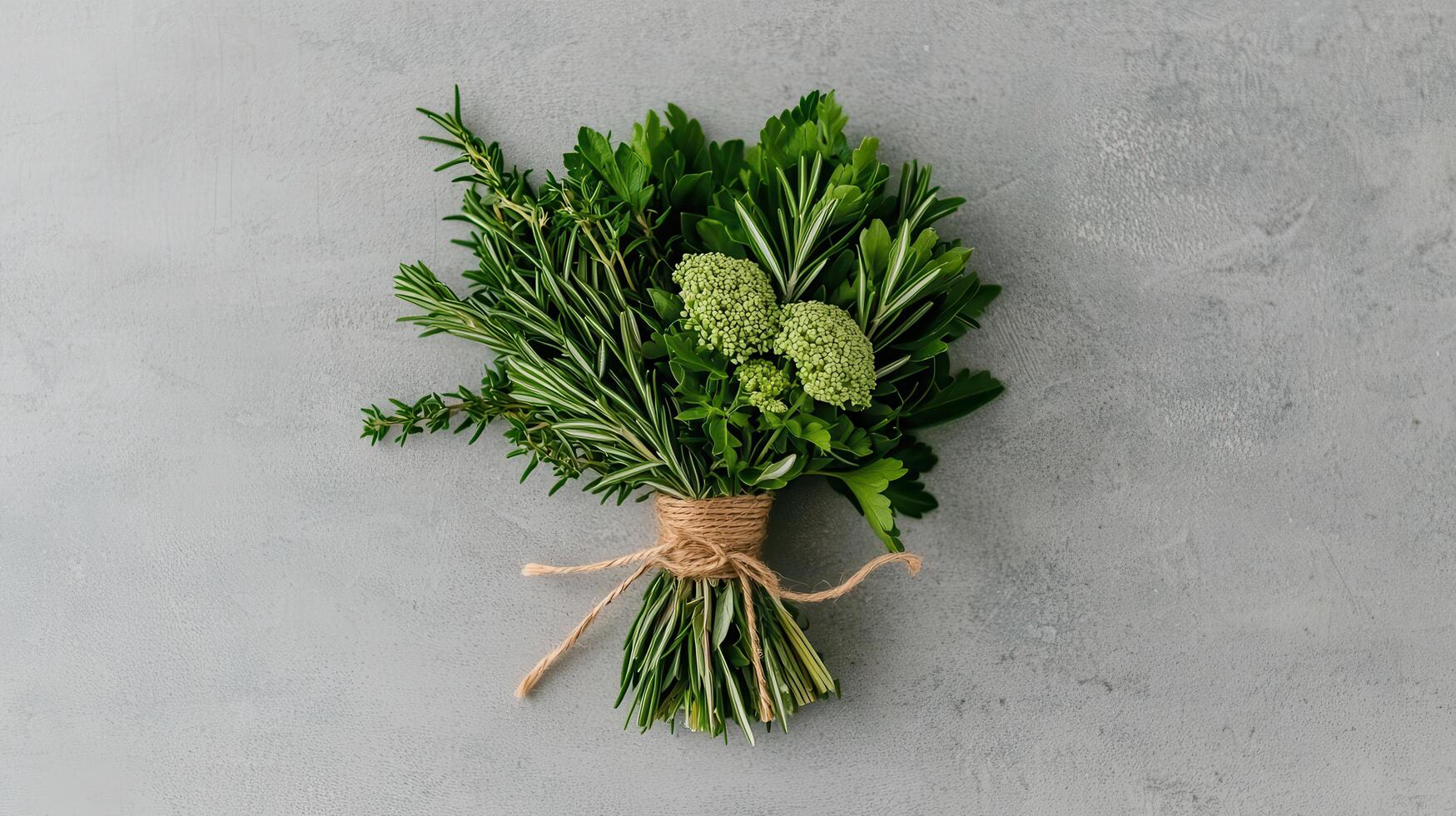 Fresh Herb Bouquet Rosemary Thyme Parsley Culinary Herbs Tied with Twine on Grey Background photo
