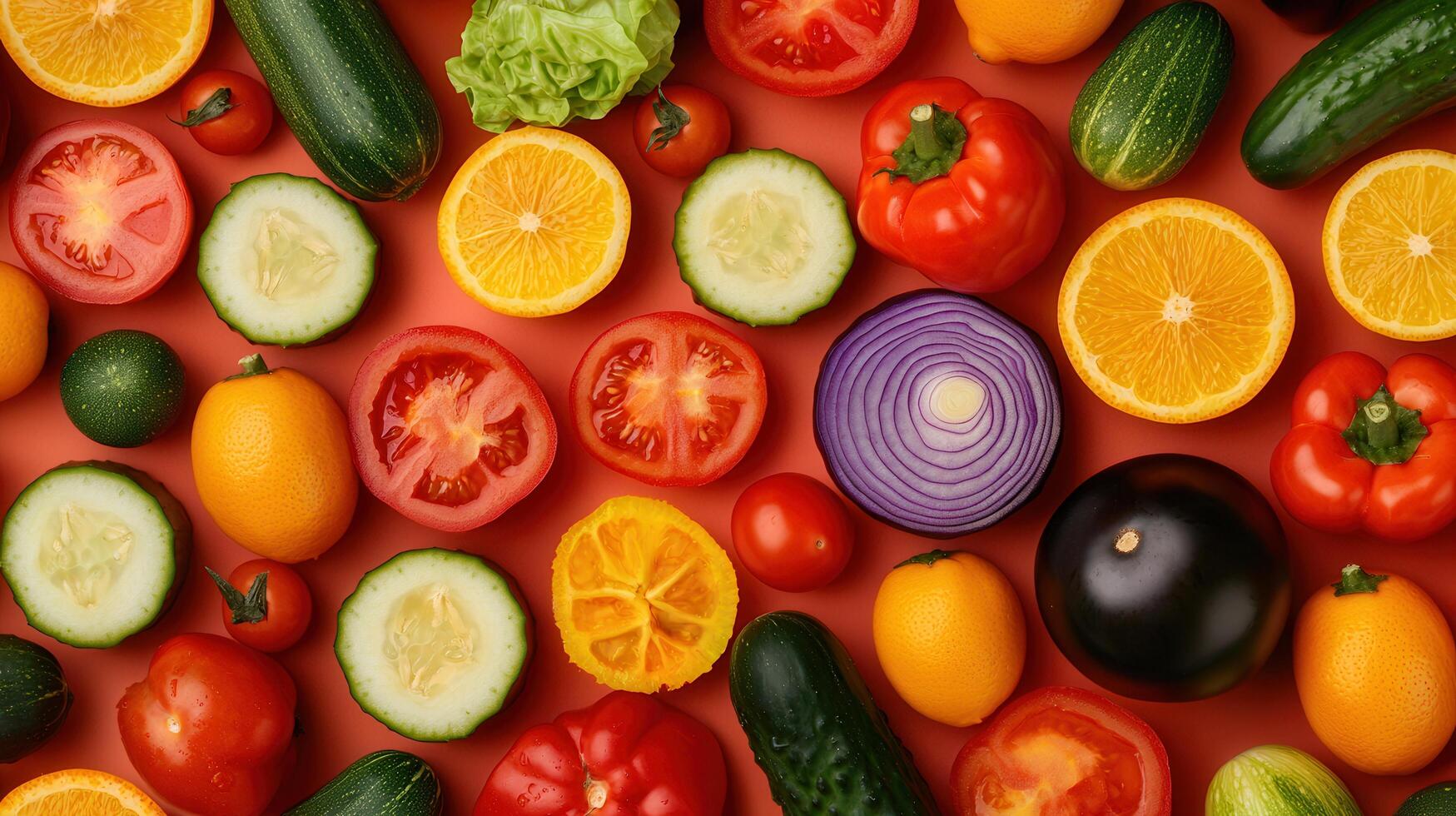 Vibrant Sliced Fruits and Vegetables Background Orange Red Tomato Cucumber Healthy Food Flat Lay photo