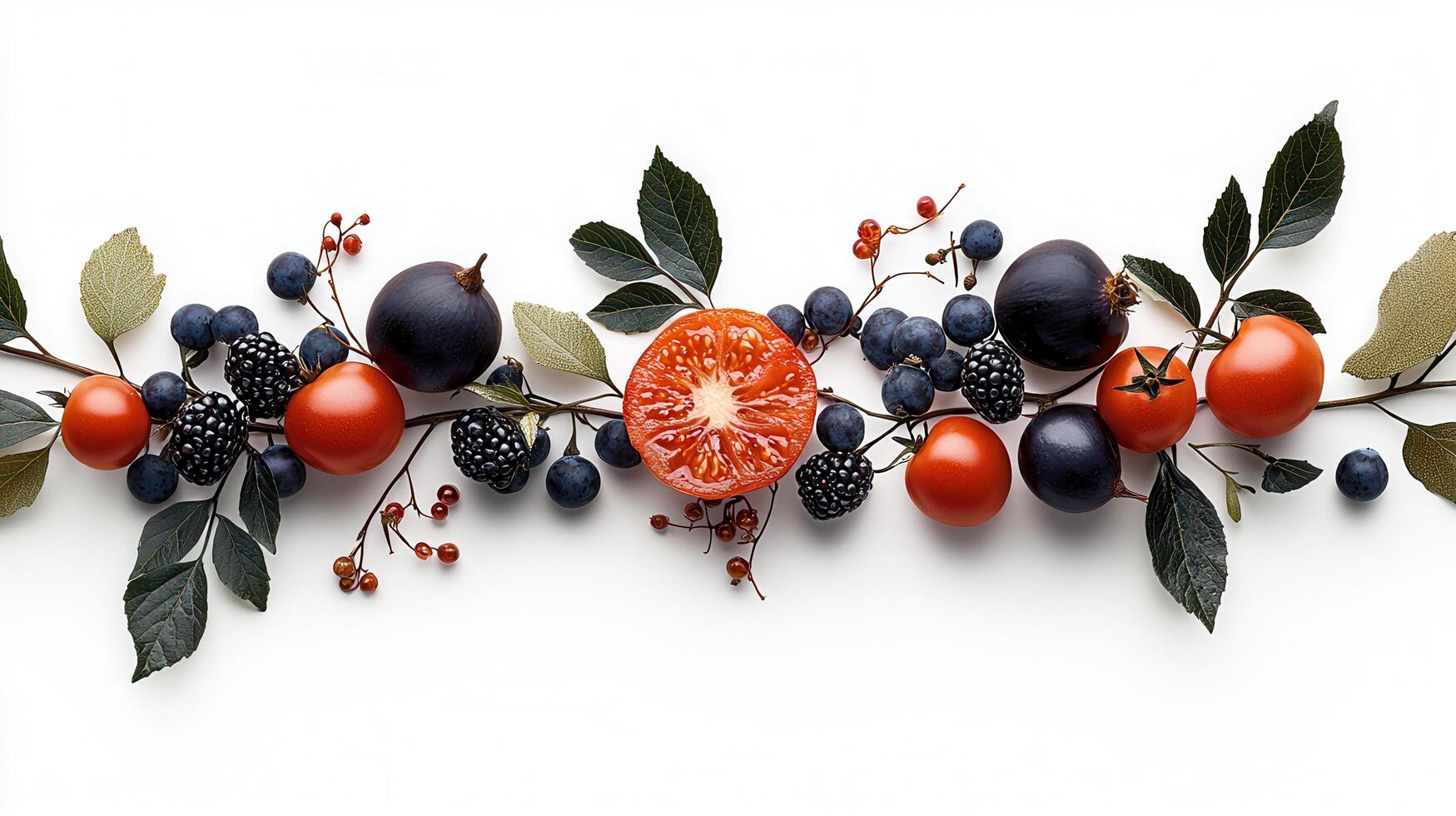 Vibrant Red Tomatoes and Dark Blue Berries Arranged on Branch with Lush Green Leaves for Healthy Food Concept photo