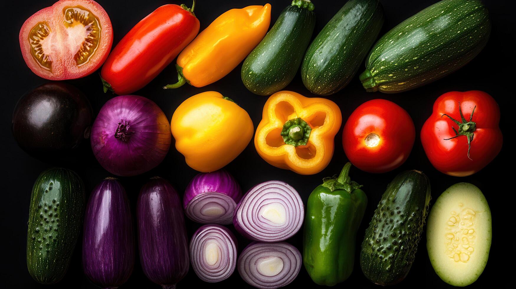 Vibrant Assortment of Fresh Vegetables Colorful Tomatoes Peppers Onions and Zucchini Arranged for a Flat Lay Image photo