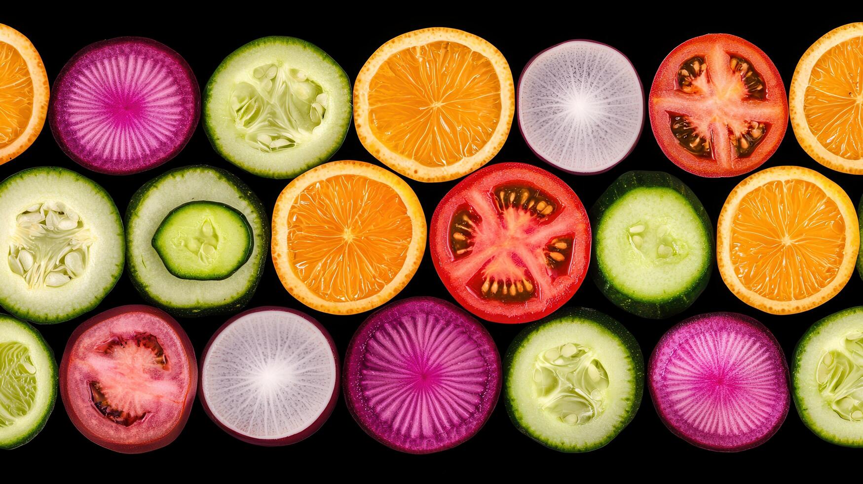 Vibrant Cross Section of Fresh Fruits and Vegetables Colorful Citrus Slices Radishes Cucumbers and Tomatoes photo