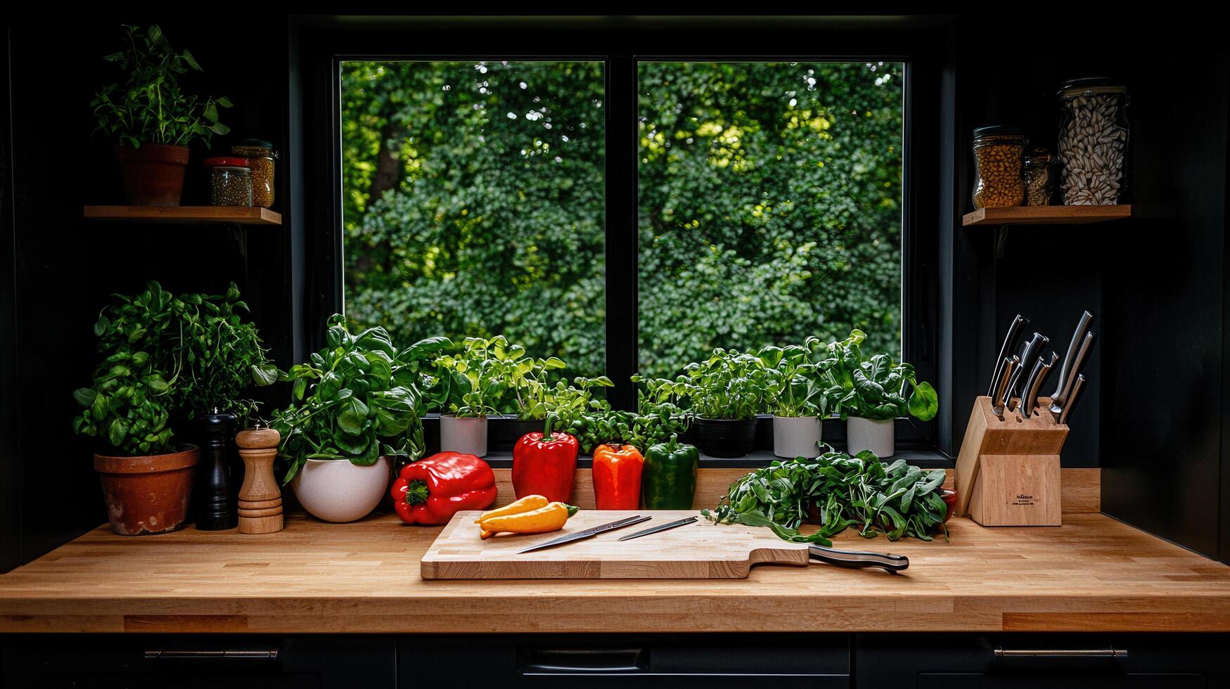 Fresh Herbs and Colorful Peppers on Wooden Kitchen Countertop near Window with Green View photo