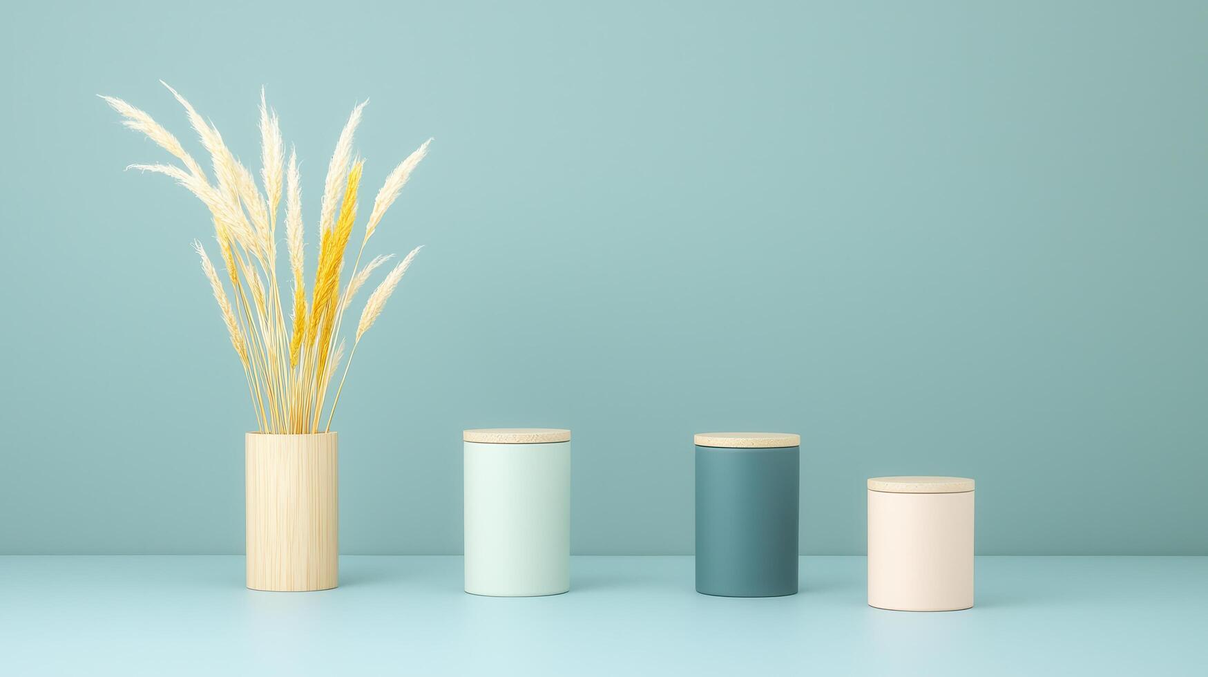 Stylish Cylindrical Containers with Dried Pampas Grass on Light Blue Background Minimalist Home Decor Product Display photo