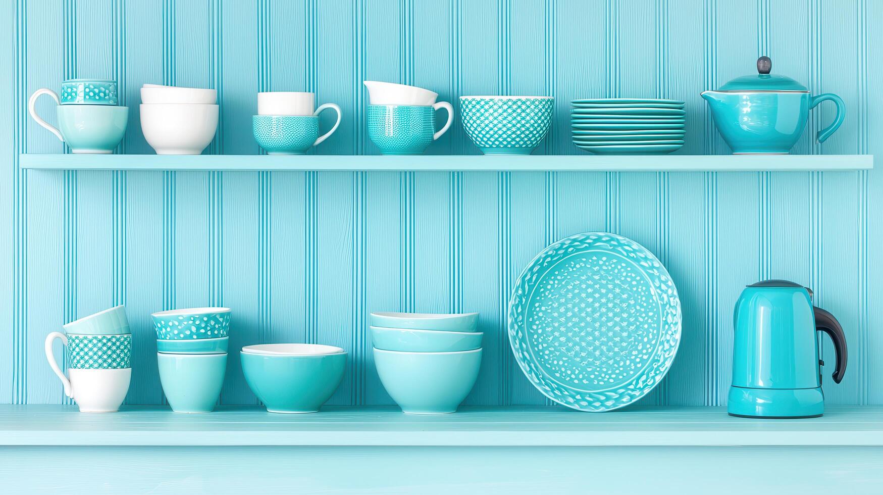 Aqua Teal Kitchenware Displayed on Pastel Blue Shelves Stylish Home Decor photo