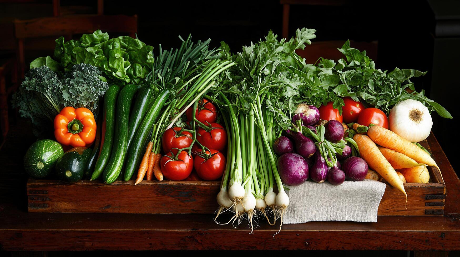 Fresh Organic Vegetables Harvest in Wooden Crate Farmers Market Produce photo