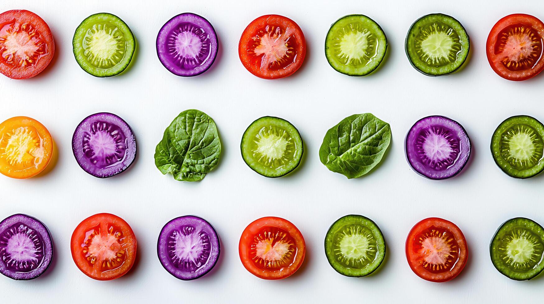 Vibrant Colorful Slices of Fresh Vegetables and Spinach Arranged on White Background for Healthy Eating Concept photo