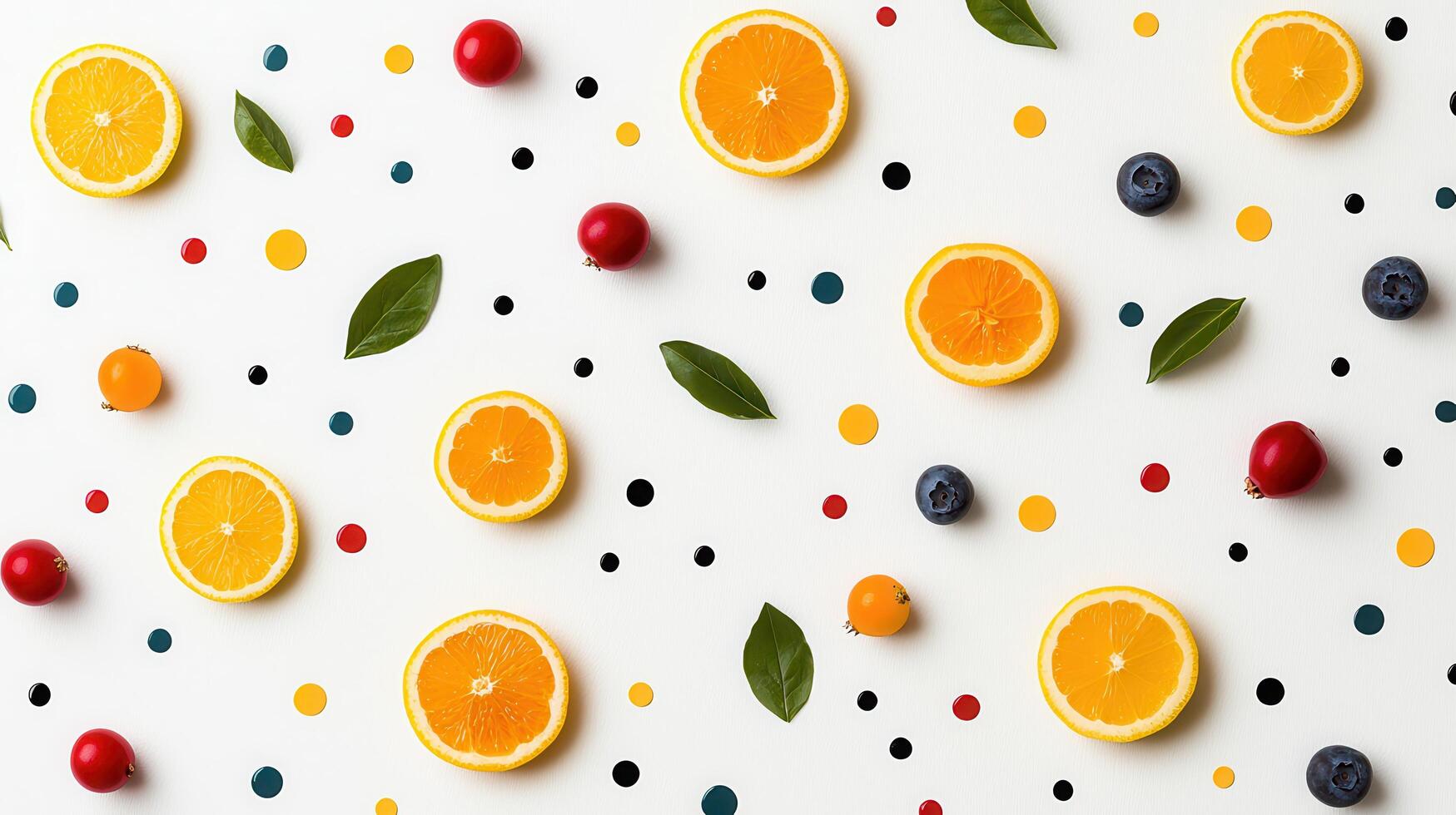 Vibrant Citrus Fruit Slices Pattern with Berries and Leaves on White Background photo