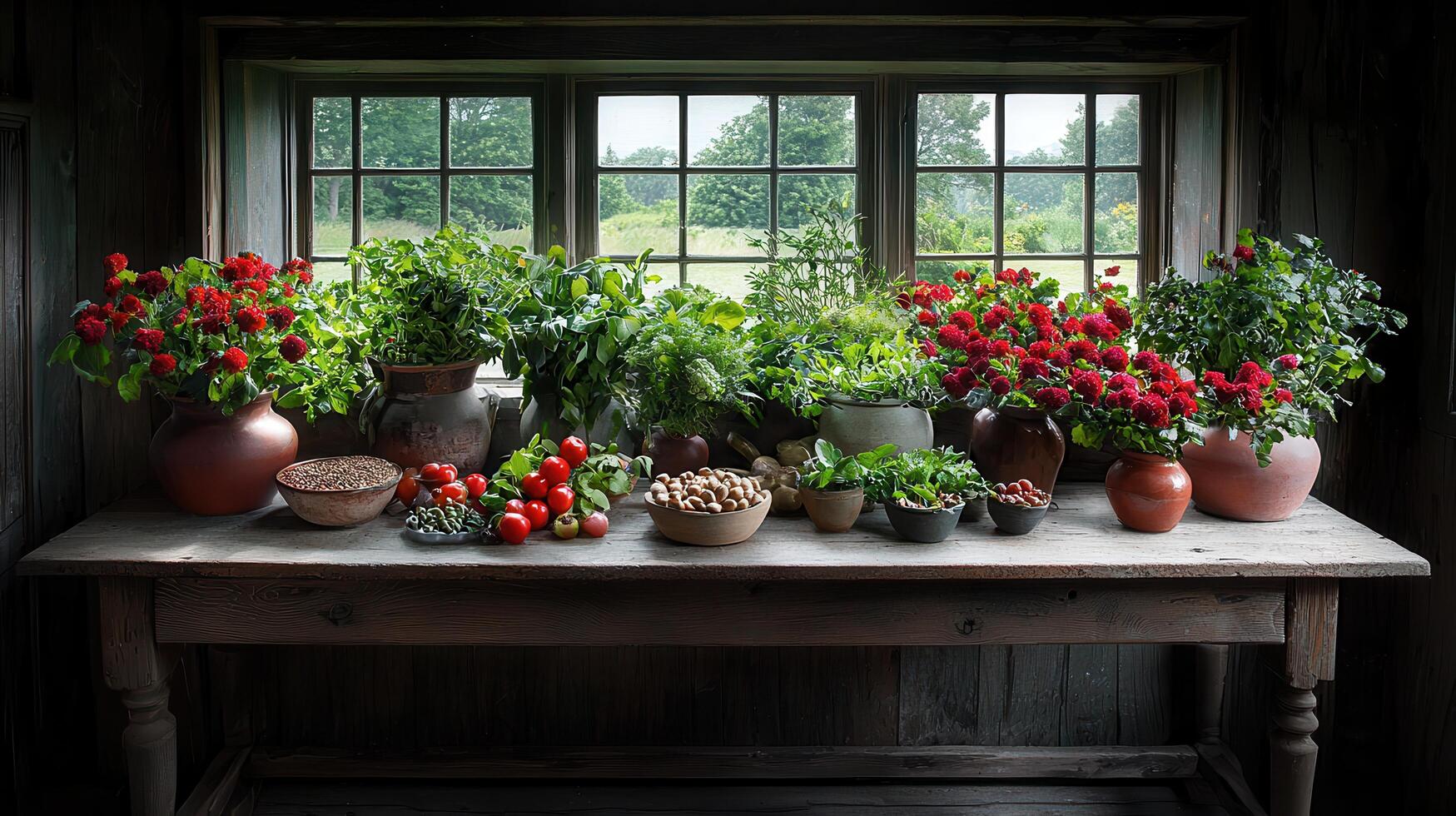 Rustic Windowsill Garden Display with Herbs Vegetables and Flowers in Earthenware Pots photo