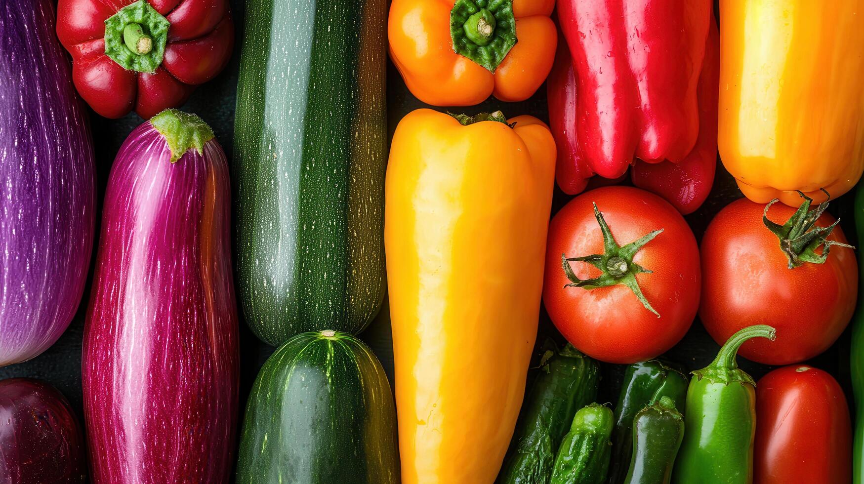 Vibrant Colorful Assortment of Fresh Vegetables Peppers Tomatoes Zucchini and Eggplants photo