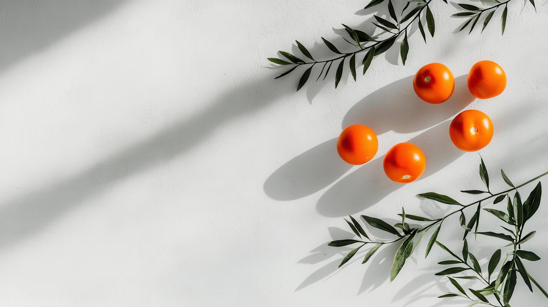 Fresh Orange Tomatoes and Green Branches on White Background in Sunlight A Vibrant Summer Food Concept photo