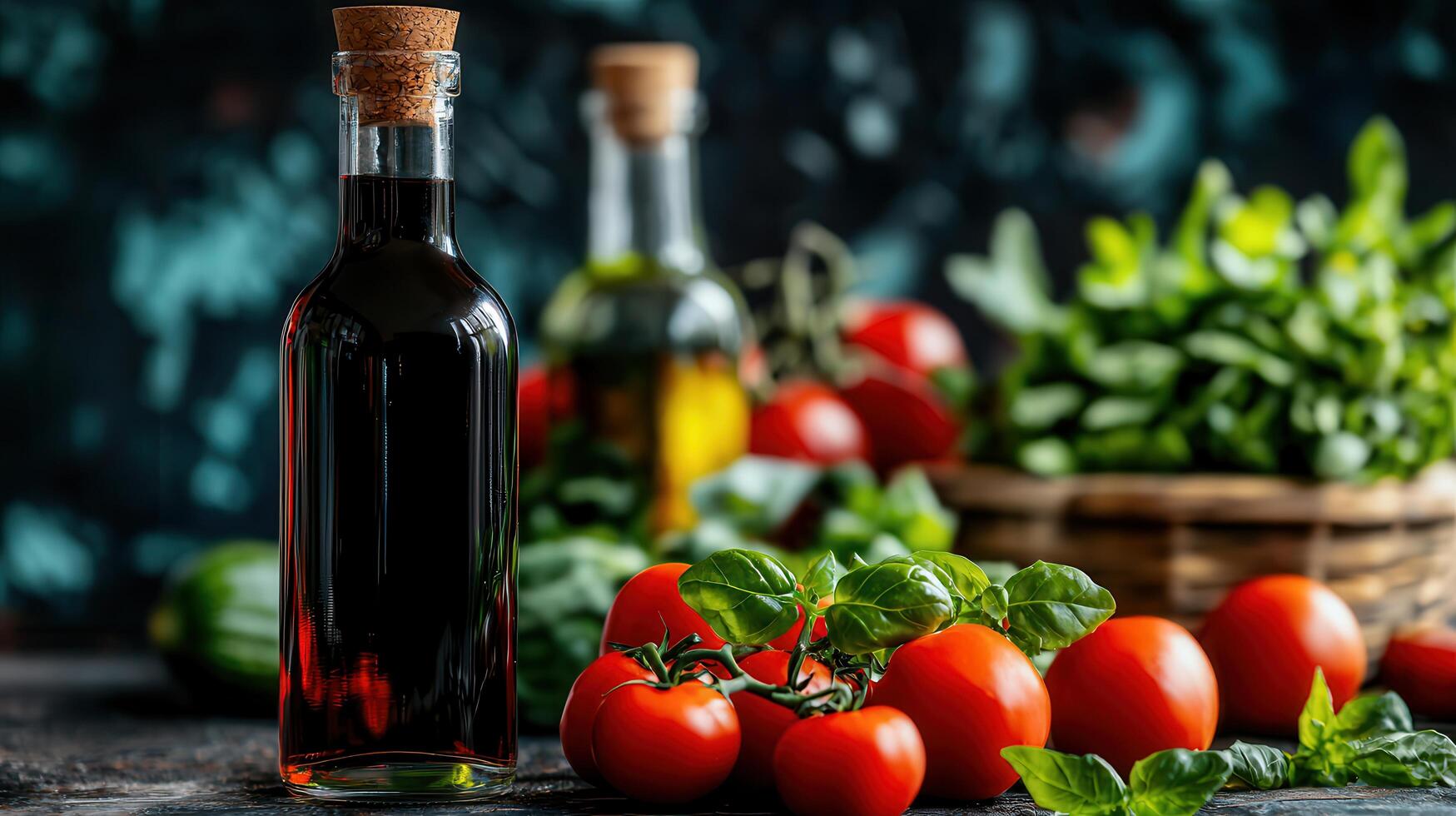 Fresh Red Tomatoes Basil and Balsamic Vinegar Bottle on Rustic Wooden Table Healthy Mediterranean Diet Ingredients photo