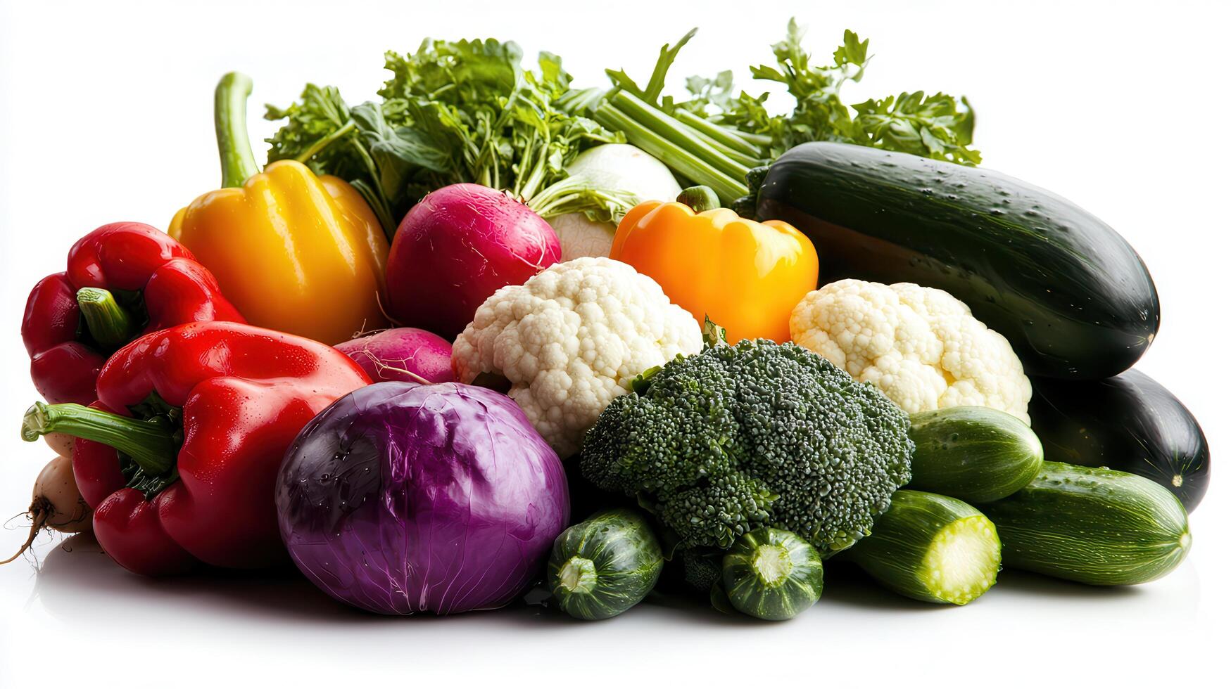 Fresh Colorful Vegetables Assortment Radishes Bell Peppers Broccoli Cauliflower and More photo