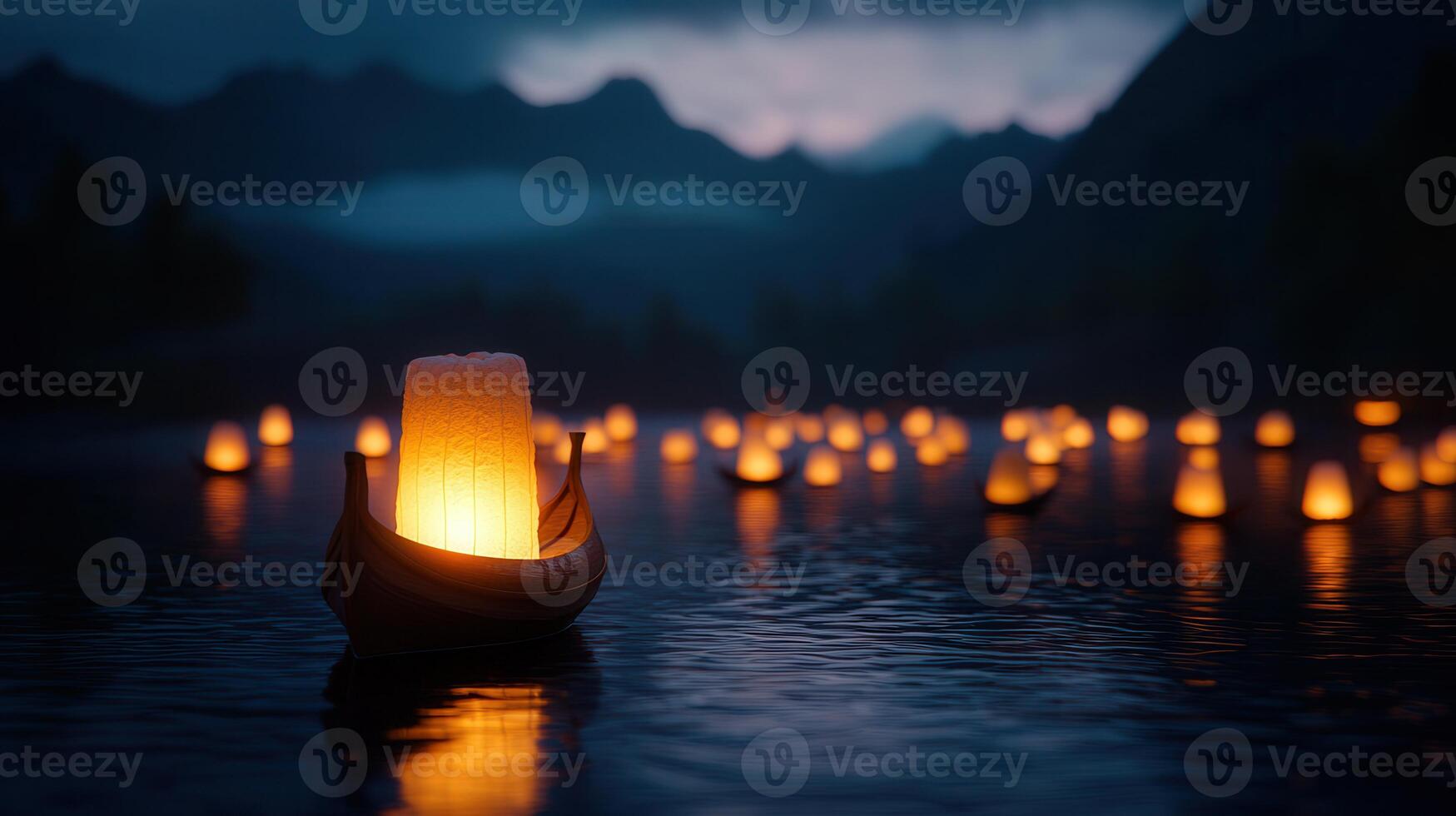 Illuminated Boats Floating on Calm Water at Dusk Serene Night Scene with Candles photo